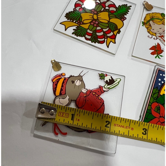 Vintage 1980 Current Glass Christmas Ornaments 2.5" Square with Metal Hanger - Picture 6 of 8